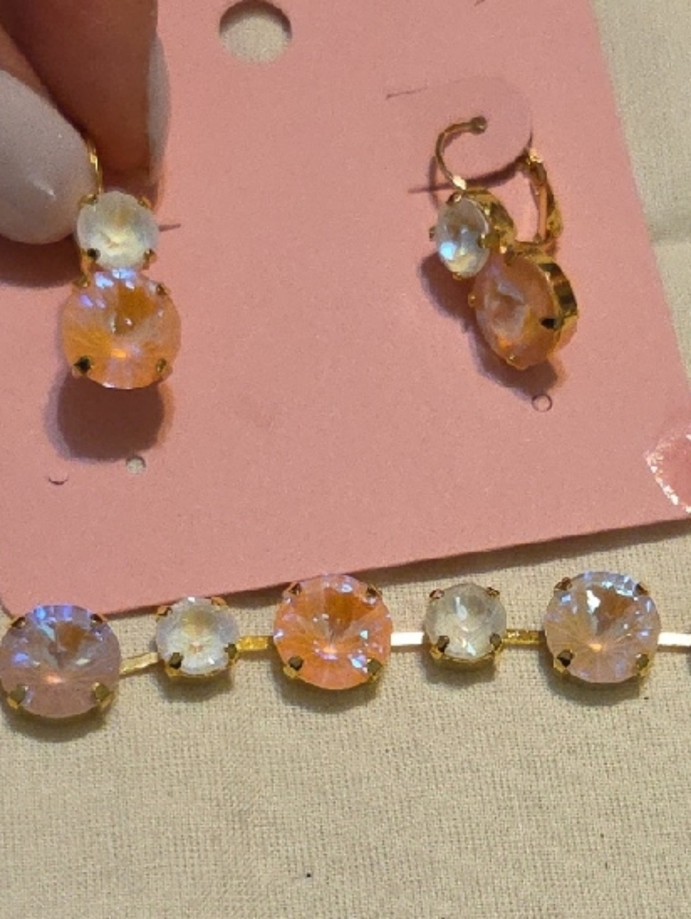 Gold-Tone Pink Opal Round Crystal Bracelet and Earring Set